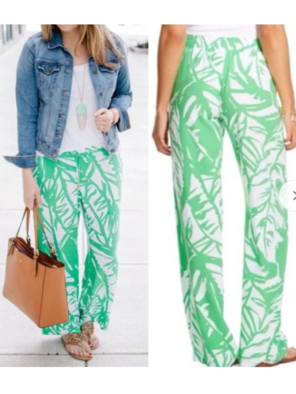 Lilly Pulitzer White and Green Tropical Wide-Leg Pants Size M